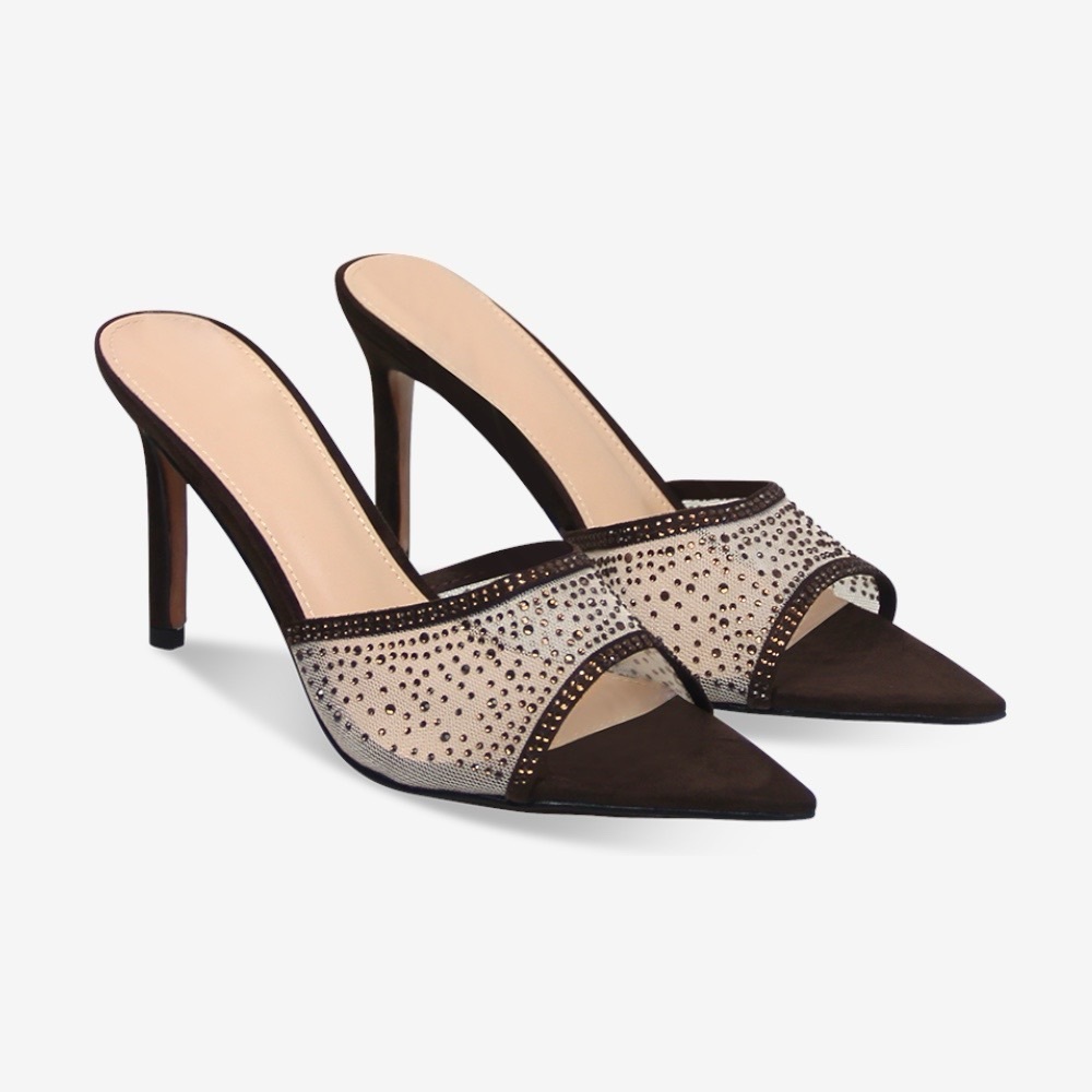 Rossi, Rania Crystal Embellished High Heel Mesh and Suede Mules, Women, Brown